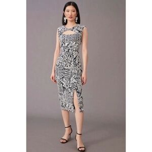 NWT!! ANTHROPOLOGIE Jacquard Midi Dress Black White Cutout Sheath Party Small